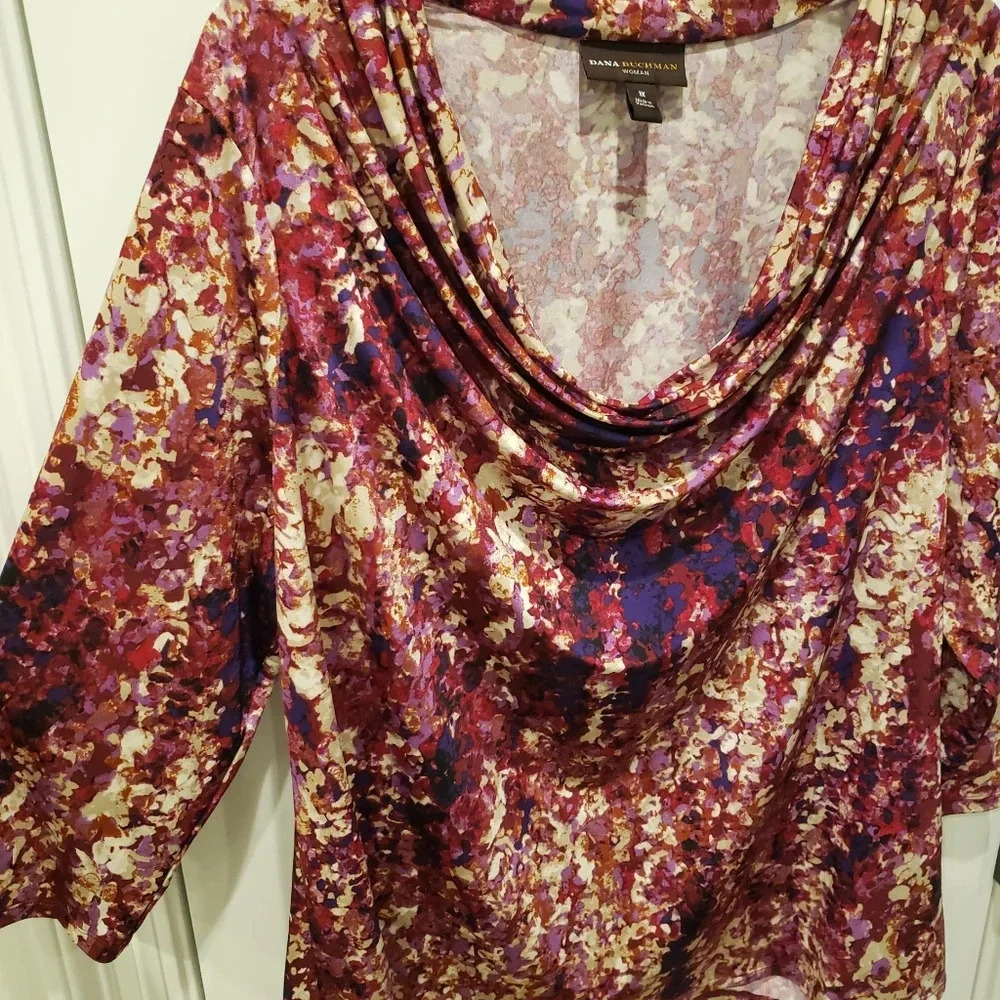 Dana Buchman Drape Neck 3/4 Sleeve Blouse Womens Plus Size 1X Abstract Print